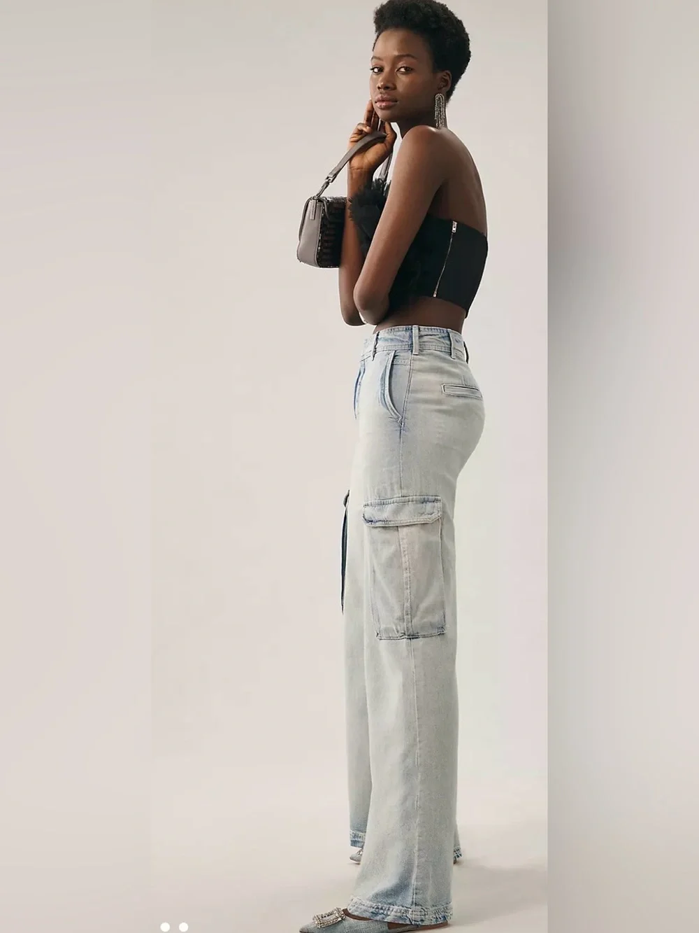 Pilcro Light Wash Wide-Leg Cargo Jeans - Blue